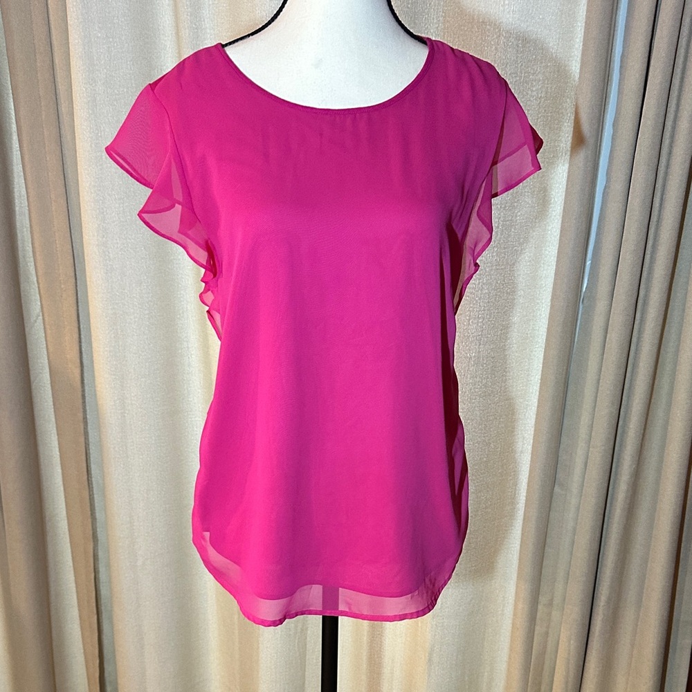 New York & Company Vibrant Pink Flutter Sleeve Blouse